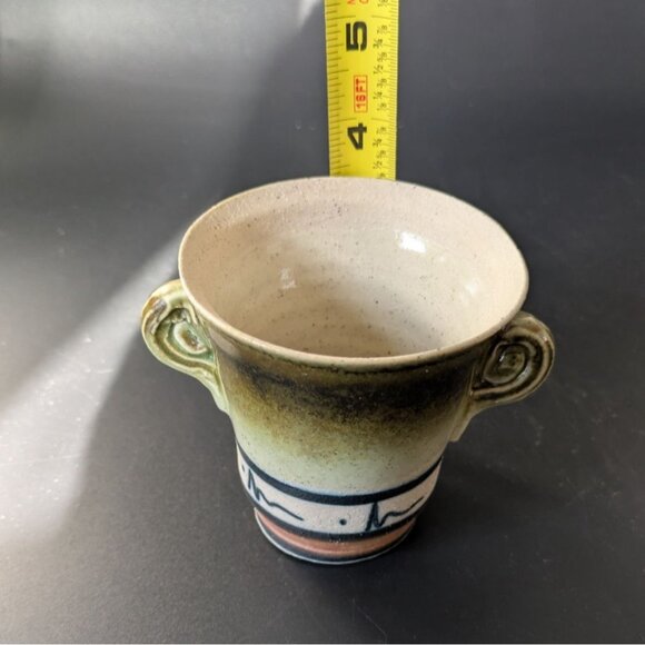 Studio Artisan Pottery Green Brown Glaze Cup 2 Handles Line Accent - Picture 8 of 12